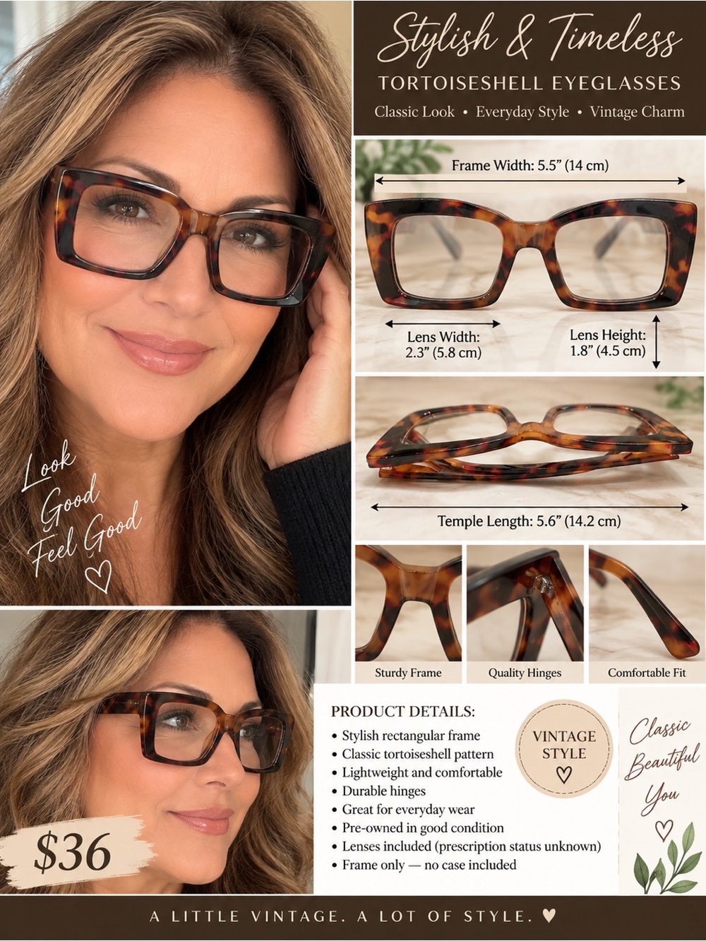 Tortoiseshell Rectangular Reading Glasses-Vintage Style-Cases included